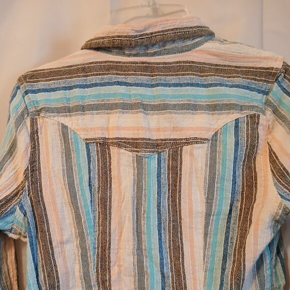 FREE PEOPLE Snap Up Shirt XS Blue Peach Gray Ivory Linen Blend Boho Long sleeve - Picture 9 of 11